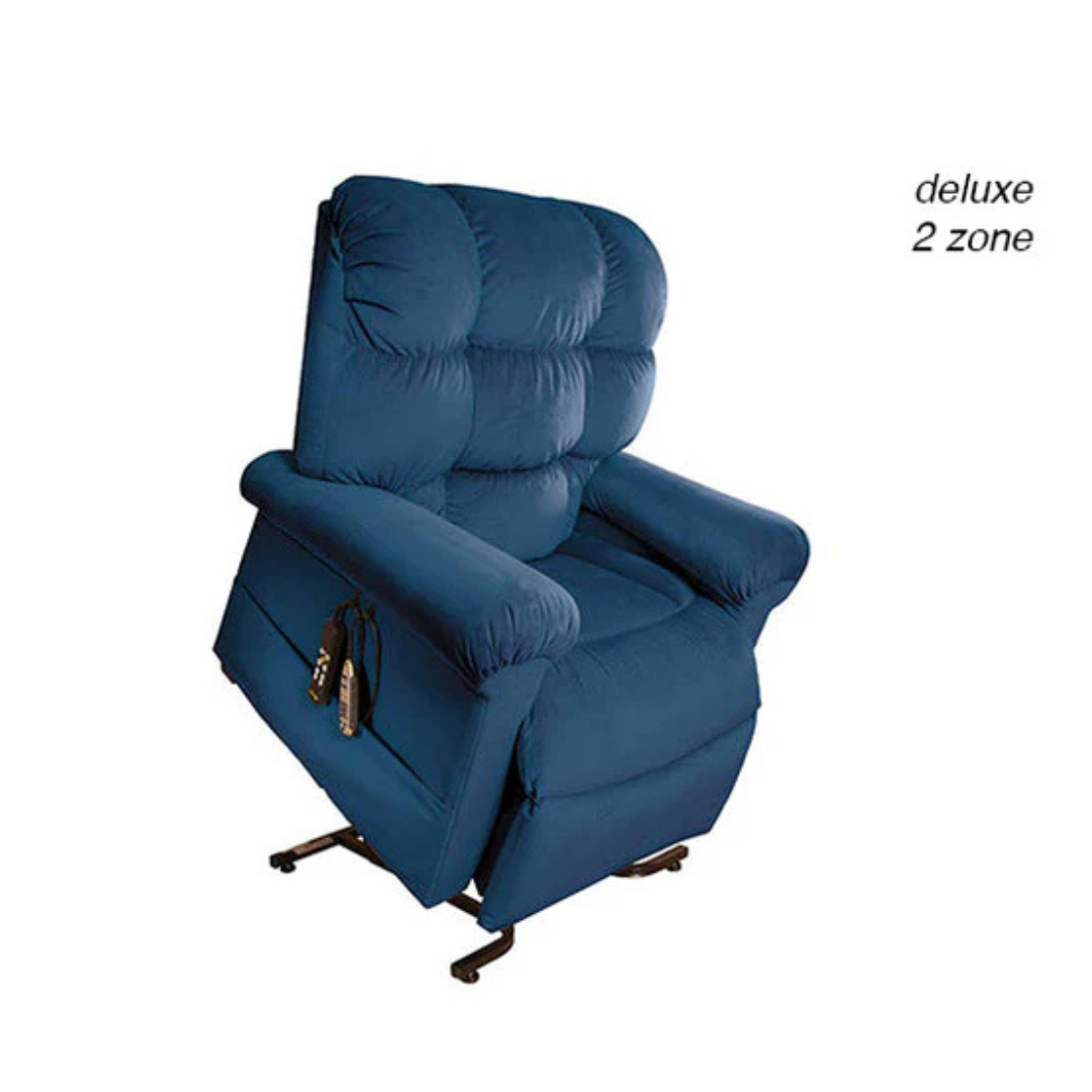 The Journey Perfect Sleep Reclining Lift Chair with Heat, in blue, features padded cushions, armrests, and a side-attached remote. It offers therapeutic heat and massage functions for ultimate comfort. Deluxe 2 Zone text highlights its luxurious design.